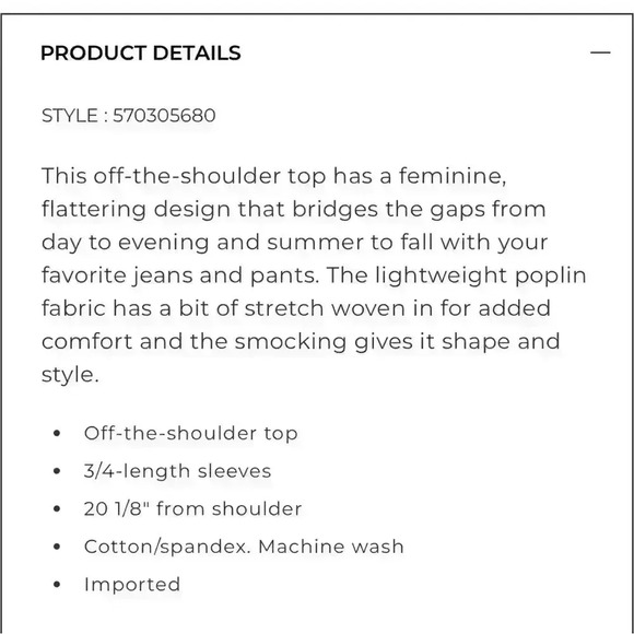 White House Black Market Smocked Off The Shoulder Poplin Blouse Size Small - Picture 6 of 9